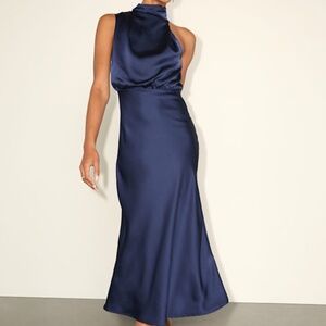 Lulus Distinctive Charm Navy Satin Asymmetrical Midi Dress Blue - Size L